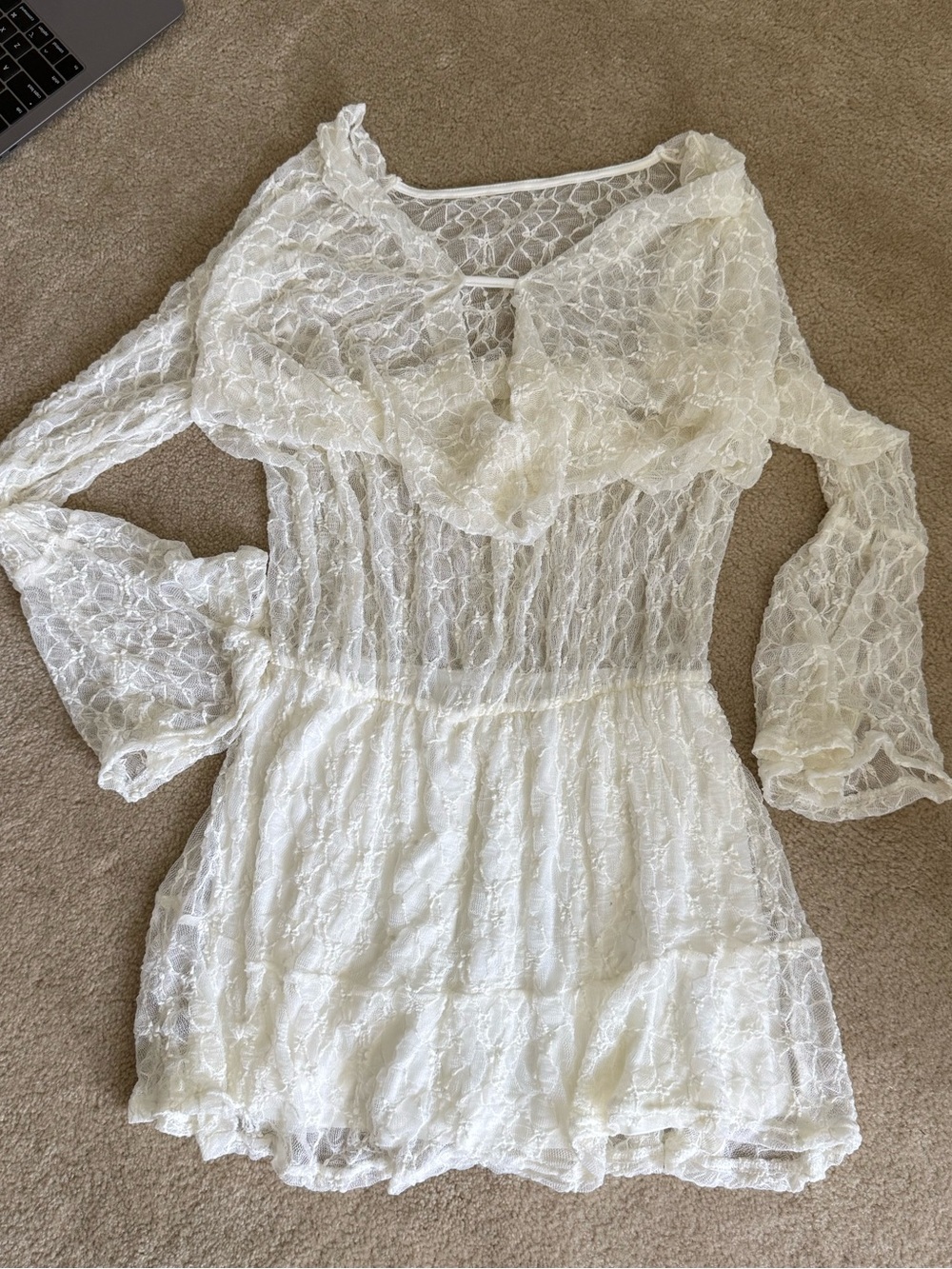 Sheer White Lace Long Sleeve Mini Dress